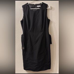 Calvin Klein Womens Sheath Dress Black Sz 10 Midi Bodycon Zip Sleeveless Belted